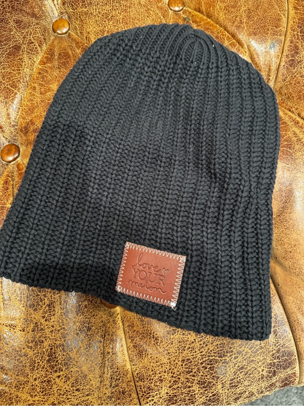 Love Your Melon Black Knit Beanie with Brown Logo Patch